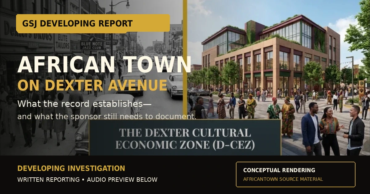 Editorial composite showing Terence Willis beside a conceptual AfricanTown rendering, with labels identifying it as source material for a developing investigation