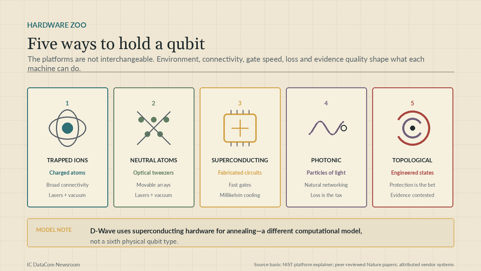 Infographic comparing five physical approaches to holding quantum information: trapped ions, neutral atoms, superconducting circuits, photonics and topological states