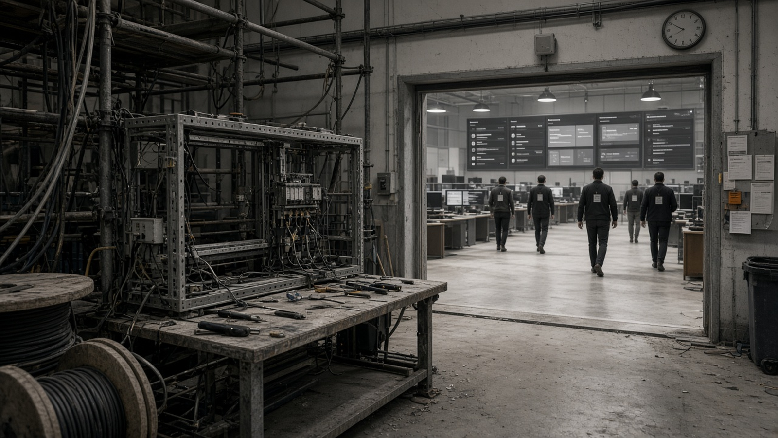 Scaffolding and builder tools in the foreground with work badges moving through a doorway onto a live operations floor of CRM and chat surfaces.