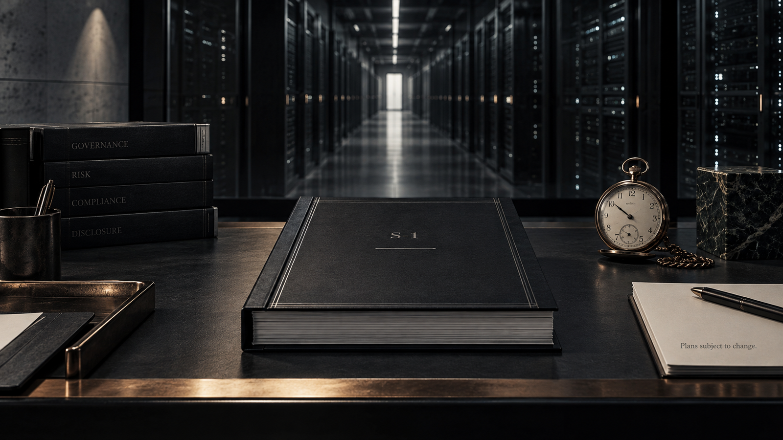 Photo-editorial magazine cover showing a bound Form S-1 prospectus and vintage pocket watch on a dark institutional desk against a server hall, illustrating the tension between public-market timing and AI governance.