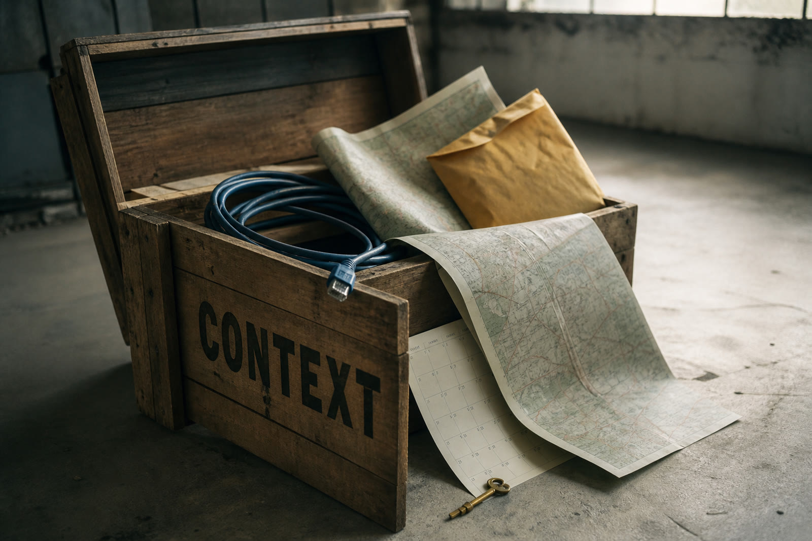 An open wooden shipping crate stenciled CONTEXT, with a map, calendar, ethernet cable, envelope, and brass key spilling out.