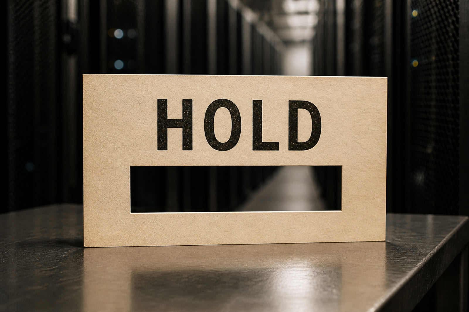 A letterpress card reading HOLD, with a rectangular gap cut through the card and server racks visible beyond it.