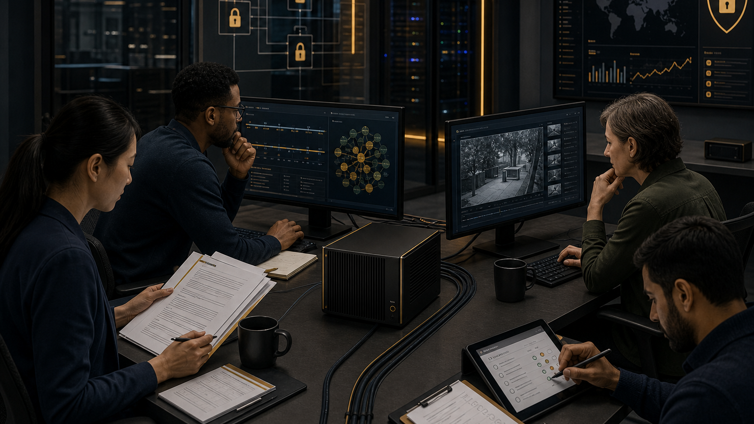 Conceptual illustration of operations staff using a local AI workbench for documents, alerts, vision and model evaluation